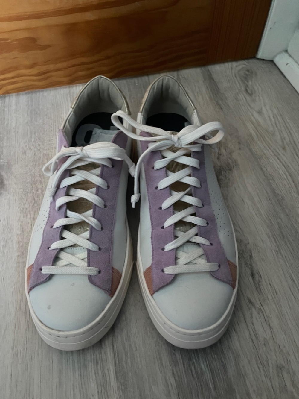 P448 Women's White Sneakers with Lavender and Tan Suede Accents
